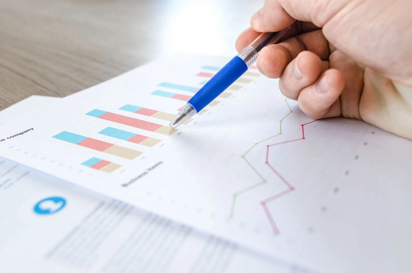 Financial charts being reviewed with a pen